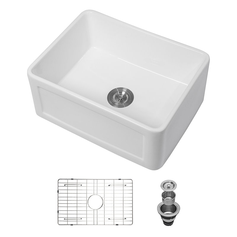Évier de cuisine rectangulaire en céramique blanc à cuve simple 24 po