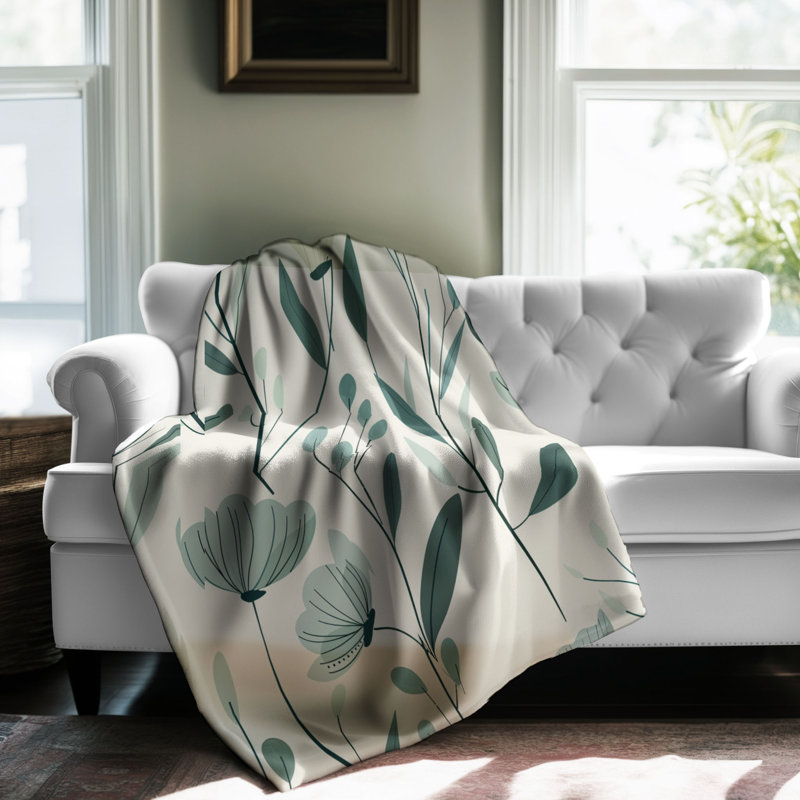 Couverture sherpa de qualité supérieure sarcelle-menthe en fleurs - 1 pièce, Grand lit