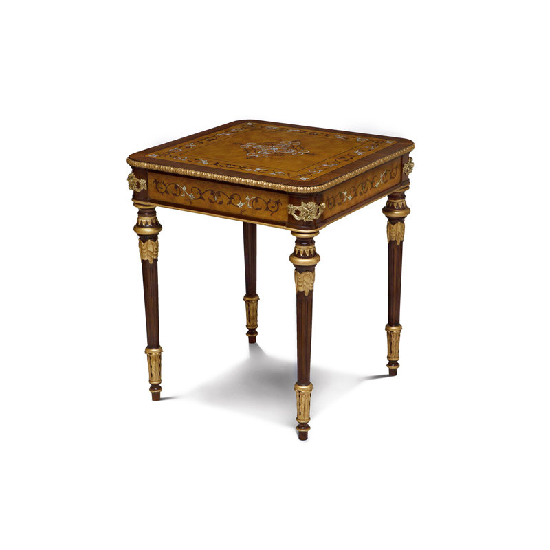 Myrtle Burl & Gold Gilt Square End Table with Shell Inlay