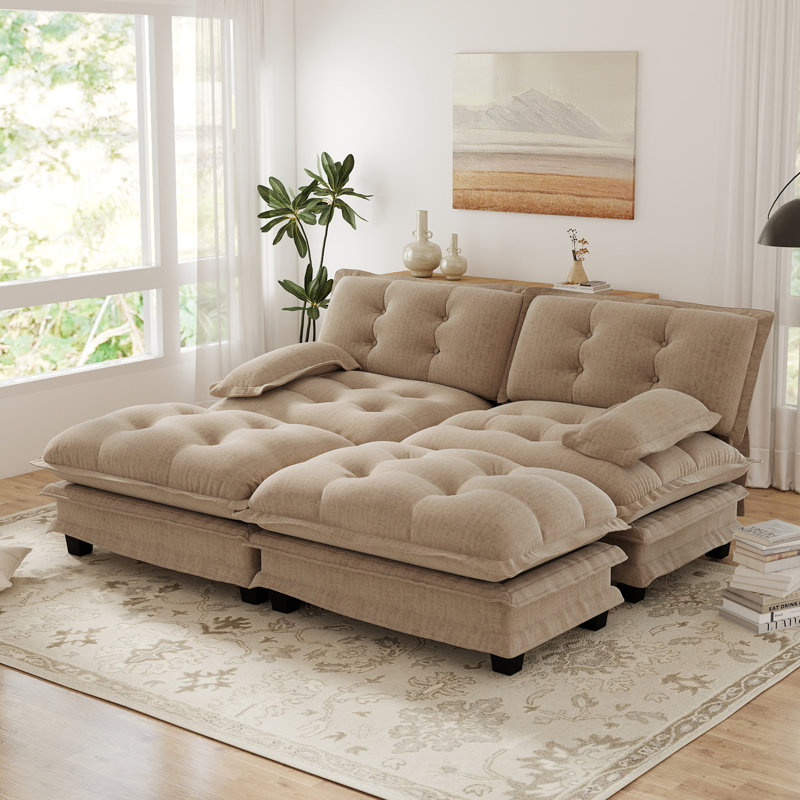 Modular Chenille Sectional Sofa U-shaped Cloud Couch With 2 Ottomans, Light Coffee