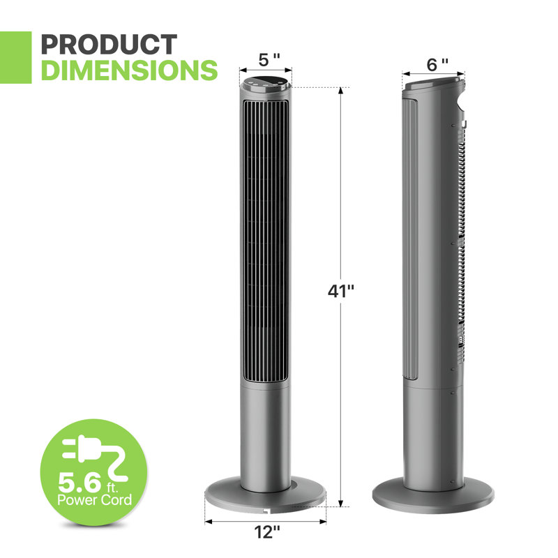 Ventilateur sur pied Tower Fan avec télécommande, Gris