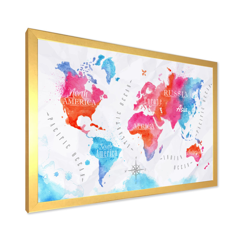 Carte du monde en rose et bleu - Impression sur toile, H 16 po x l 32 po x p 1 po, Cadre doré