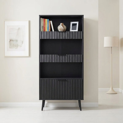Black Recessed Kitchen Storage Cabinet With 4-Layer Large Capacity, Combination Of Open Shelf And 3 Drawers For Living Room, Entryway, Bathroom And Dining Room