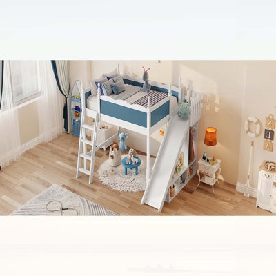 Full Loft Bed with Storage, Wardrobe, and Detachable Slide, Solid Wood Construction, No Box Spring Needed, Blue and White