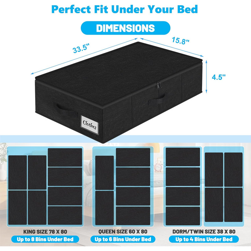Under Bed Storage Container Bin 4 Pack, 4.5 Inch Slim Low Profile Underbed Clothes Storage Organizer