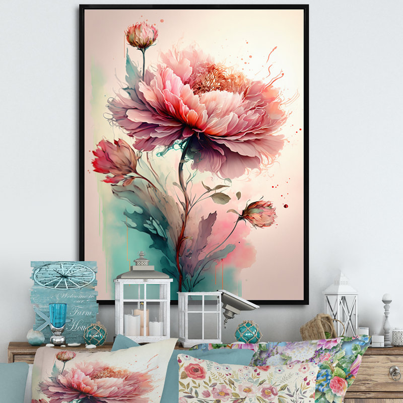 Pivoine rose vif Lozier - reproduction sur toile, H 32 po x l 16 po x P 1 po, Toile avec cadre flottant noir