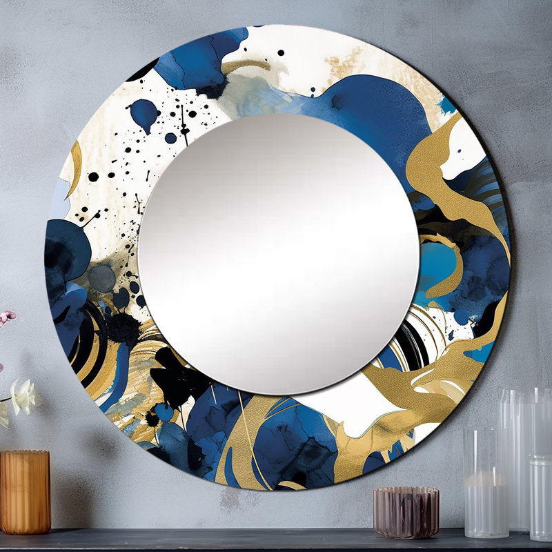 Motif abstrait avec textures bleues et dorées - miroir unique minimaliste, art mural, 29 po x 29 po