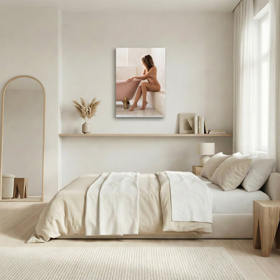 Nude Woman Sitting Beside Pink Bathtub With Gold Feet Canvas Wall Art