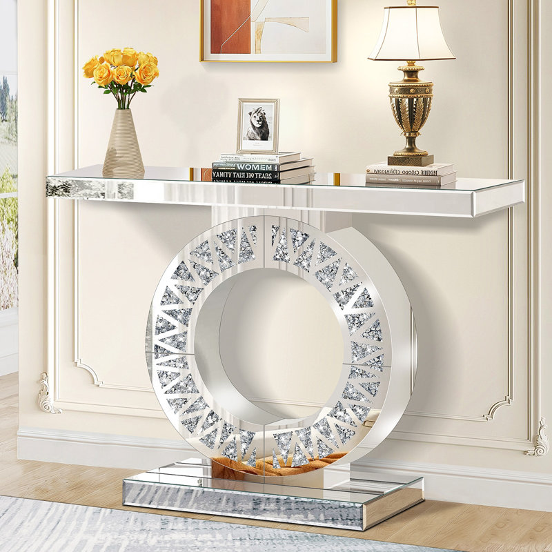 Console à miroir moderne avec incrustation de diamant concassé, table de couloir argentée longue de 39,4 po pour le hall d'entrée