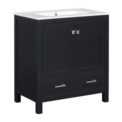 Meuble-lavabo de 30 po avec lavabo simple, meuble-lavabo encastré, armoire de rangement avec 2 portes et un tiroir, fermeture en douceur, rangement multifonctionnel, structure en bois massif