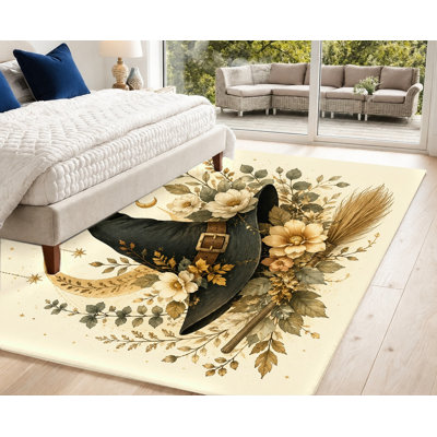 Tapis d'Halloween avec chapeau de sorcière d'Halloween, motif floral aquarelle, tapis antidérapant doux, décoration intérieure artistique pour salon, chambre à coucher, entrée, cuisine, appartement