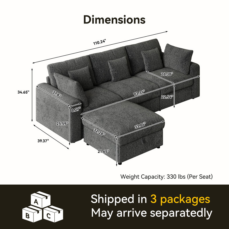 Canapé modulaire à 3 places avec repose-pieds avec rangement Aarden Pure Cloud, Forme en L, Gris