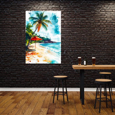 «Tropical Beach», aquarelle sereine, palmier abstrait, art mural côtier
