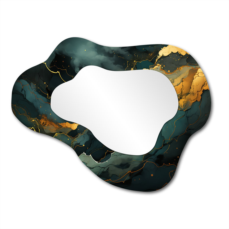 Veigar Gold and Green Abstract marble Aura III - Marble Cloud Mirror, Gold Asymmetrical Unique Wall Mirror, Printed Metal Art