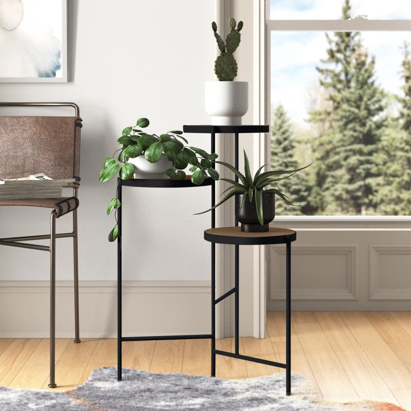 Support pour plante rond en bois massif Logan, Noir