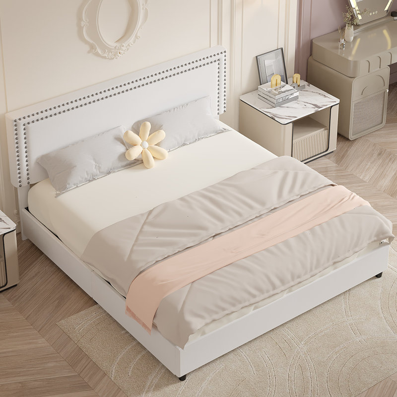 White Velvet Upholstered King Platform Bed with Storage Drawers