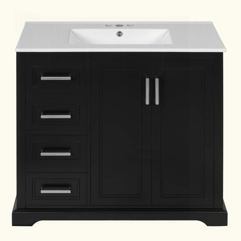 Meuble-lavabo moderne avec lavabo en céramique, porte, tablette réglable et 3 tiroirs, rangement spacieux, Noir