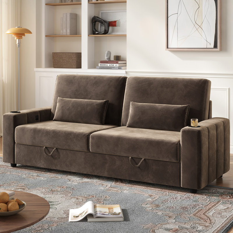 Canapé 88 po avec accoudoirs carrés en velours avec rangement, siège profond avec ports de charge USB et porte-gobelets, Brun