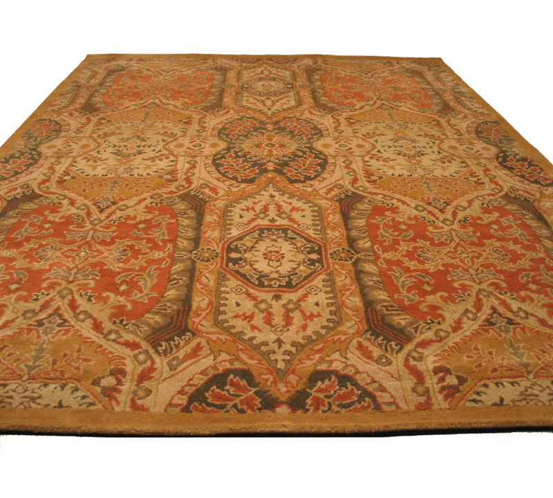 Tapis oriental doré / orange en laine touffeté à la main, Rectangle 9 pi 6 po x 13 pi 6 po