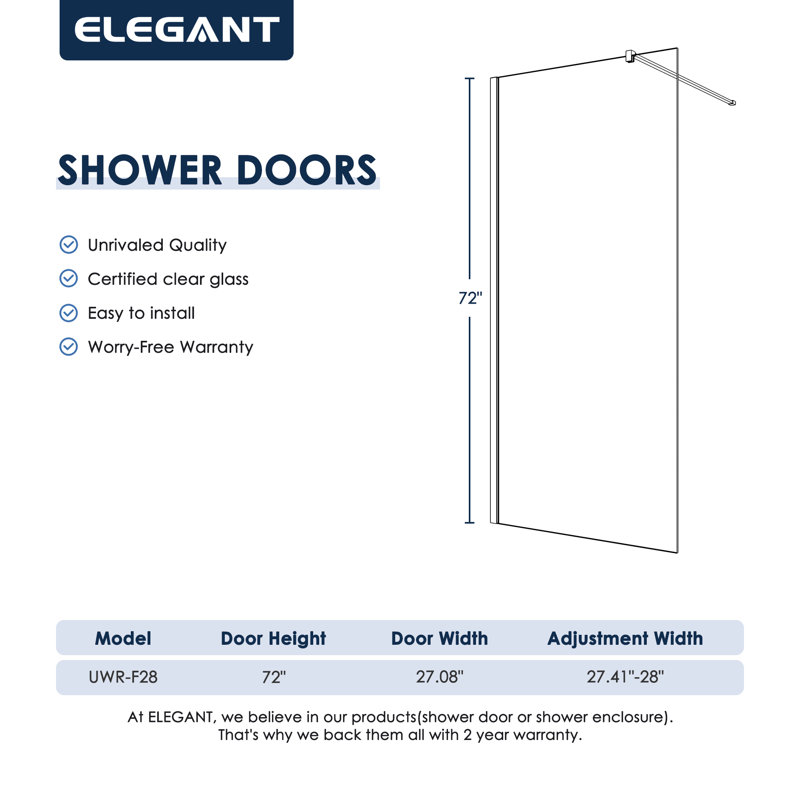 Écran de douche sans cadre l 28 po x H 72 po avec verre givré de 8 mm, facile à nettoyer, Chrome chrome