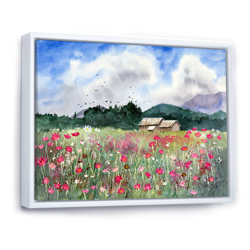 Paysage avec un champ de fleurs blanches et roses - Peinture sur toile, H 16 po x l 32 po x P 1 po, Cadre flottant blanc