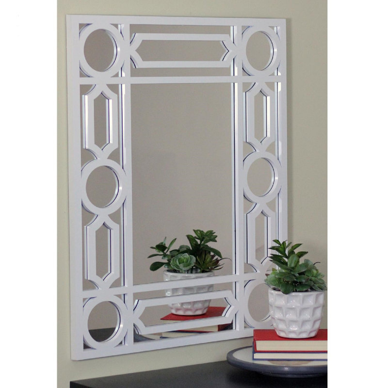 29.5" Framed Geometric Openwork Rectangular Wall Mirror, White