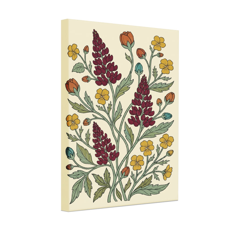 Motif floral de plantes et de fleurs avec des fleurs rouges et jaunes, H 24 po x l 16 po