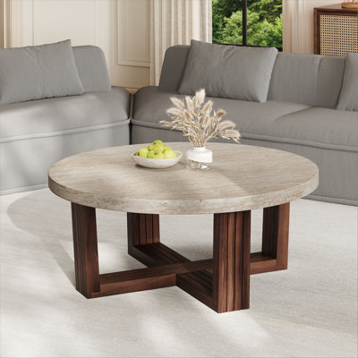 Table basse ronde de 31,5 pouces avec dessus en marbre et base croisée brune, table de centre moderne pour le salon avec grain de bois naturel