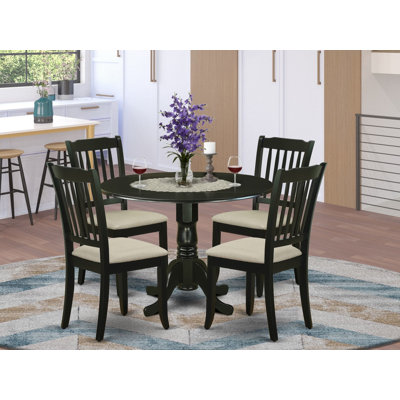 Ensemble de salle à manger 5 pièces pour 4 personnes comprenant une table de cuisine ronde avec rallonge et 4 chaises de salle à manger rembourrées en lin, 107 x 107 cm, noir