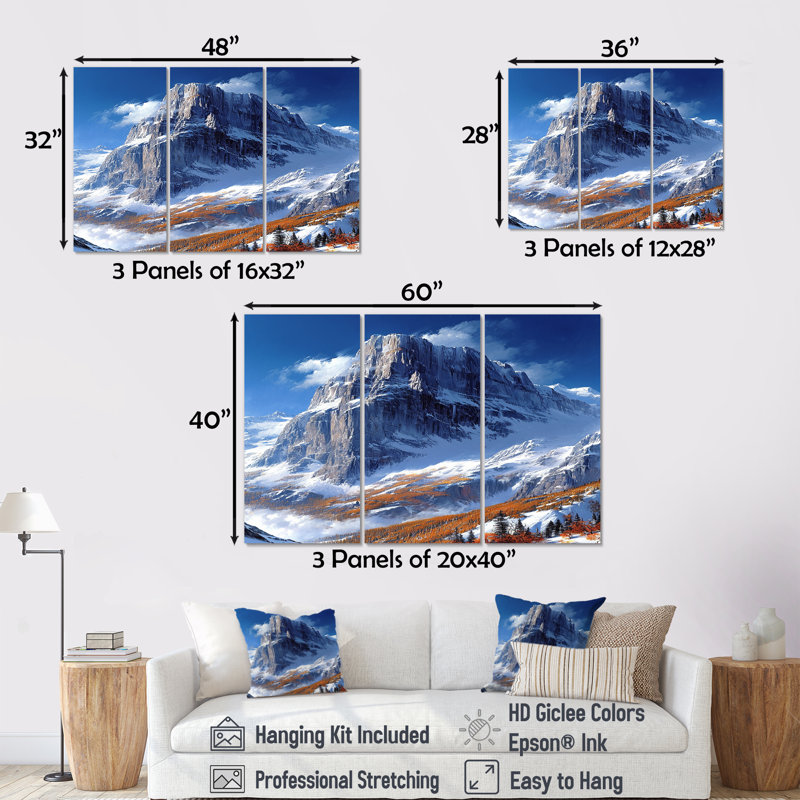 «Snowy Mountain Top - Winter Mountains», ensemble d'art mural, Toile tendue, H 32 po x l 48 po x P 1 po