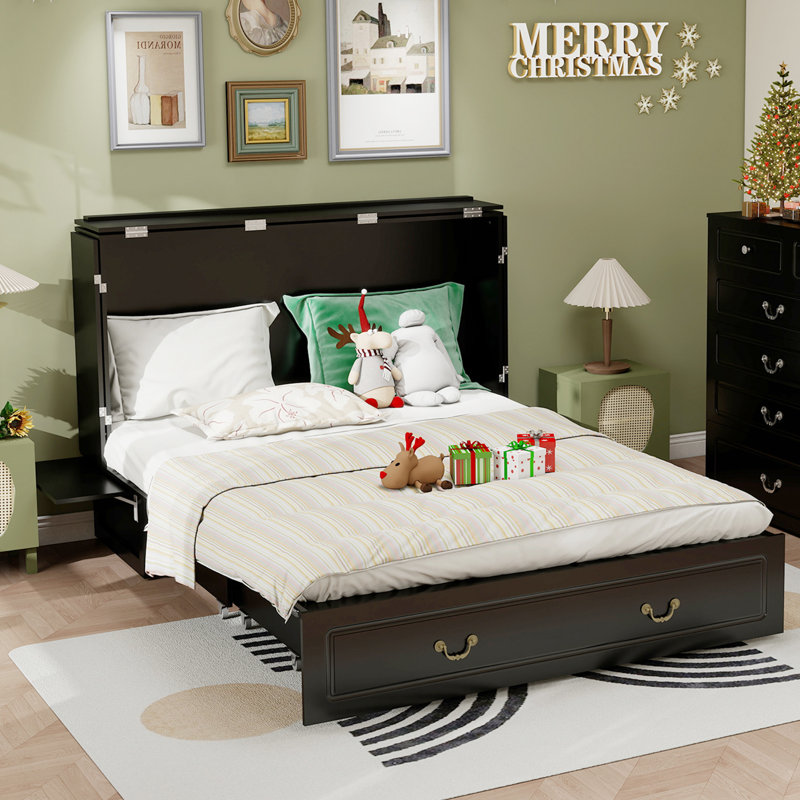 Murphy Bed Storage Cabinet with Drawers, Mattress Included, Black