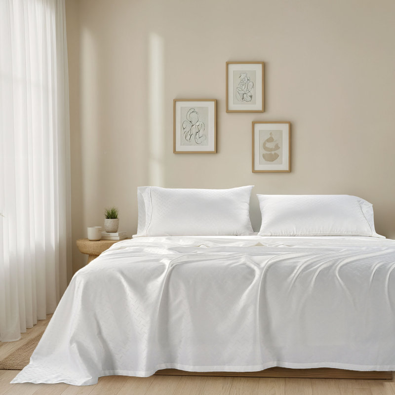 300 Thread Count 100% Cotton Jacquard Sheet Set in Sateen Weave, Queen Sheet Set with 2 Pillowcases, White Astra