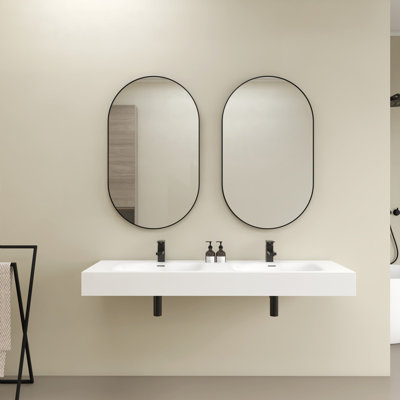 59"  Premium Wall Mounted Double Basins Sink Solid Surface Rectangular Bathroom Sink With Faucet Hole