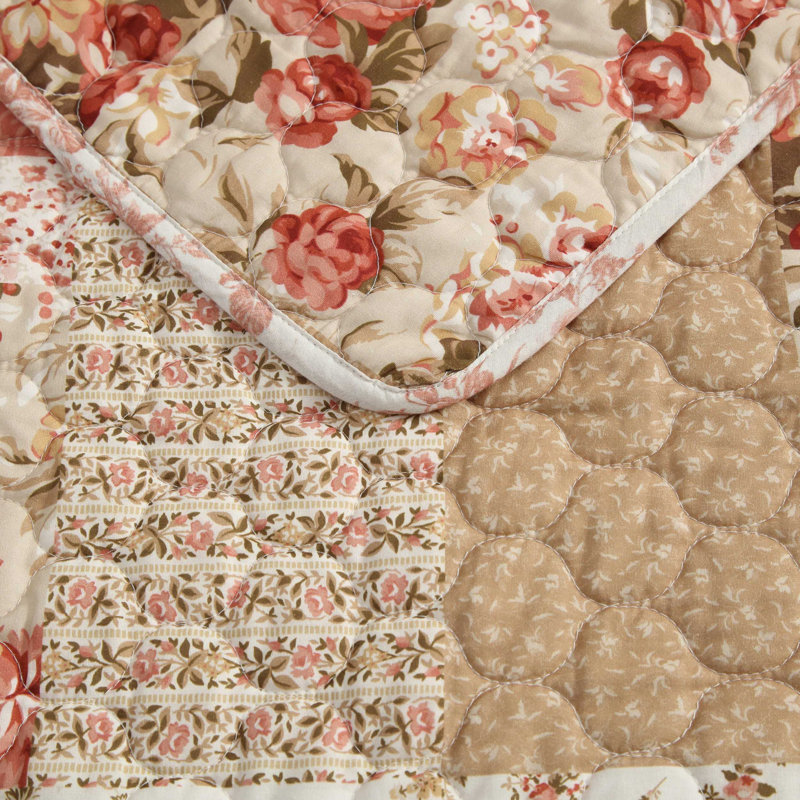 Laura Ashley Harrietta Patchwork Cotton Reversible Pink Quilt Set, Queen Quilt + 2 Standard Shams