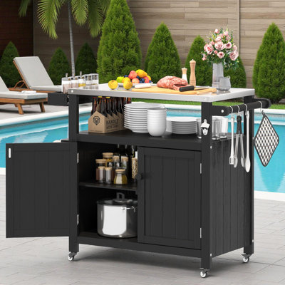 Outdoor HIPS Grill Cart, Kitchen Island w/ Stainless Steel Top & Storage Cabinet, Prep Table, Weatherproof