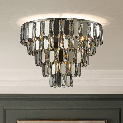4-light Dimmable 3-tier Smoked Crystal Flush Mount Ceiling Light 14" Round Low Profile Chandelier With Polished Nickel Finish And Stainless Steel Accents For Dining Room, Entryway