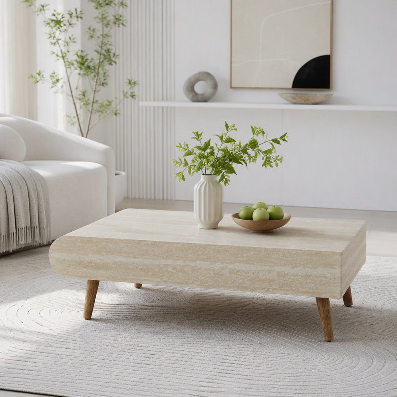 Table basse avec plateau en placage imitation marbre et tiroir cannelé, L 47,24 po, Brun antique / blanc