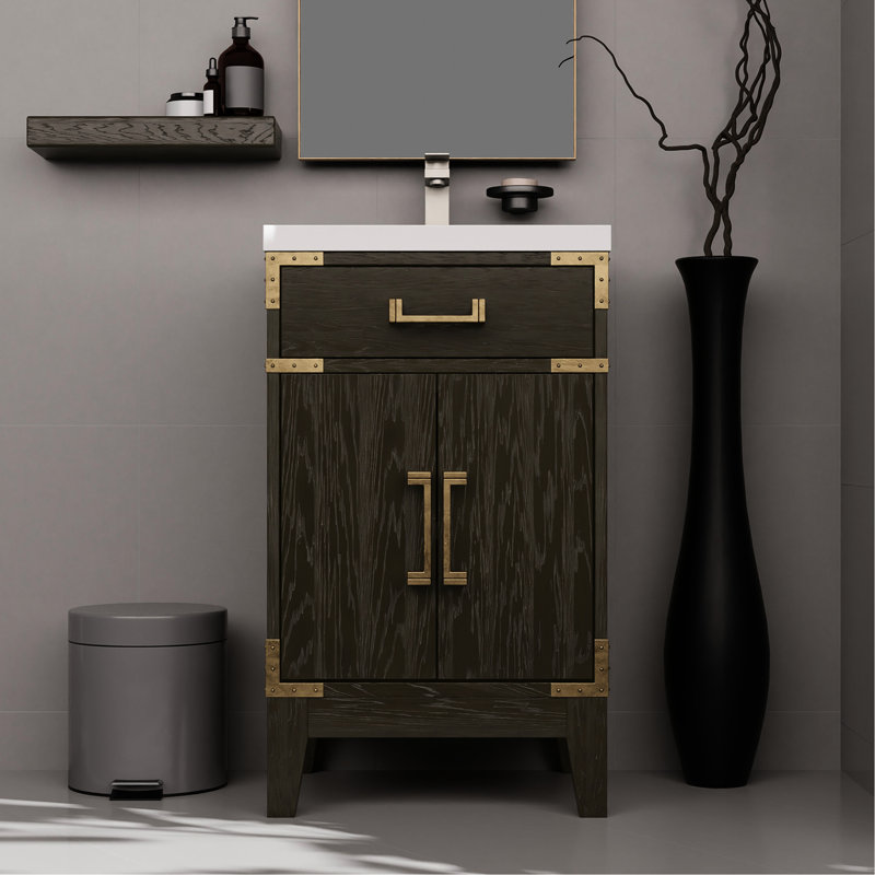 Meuble-lavabo simple en chêne brun avec comptoir en acrylique fabriqué à la main, Chêne brun