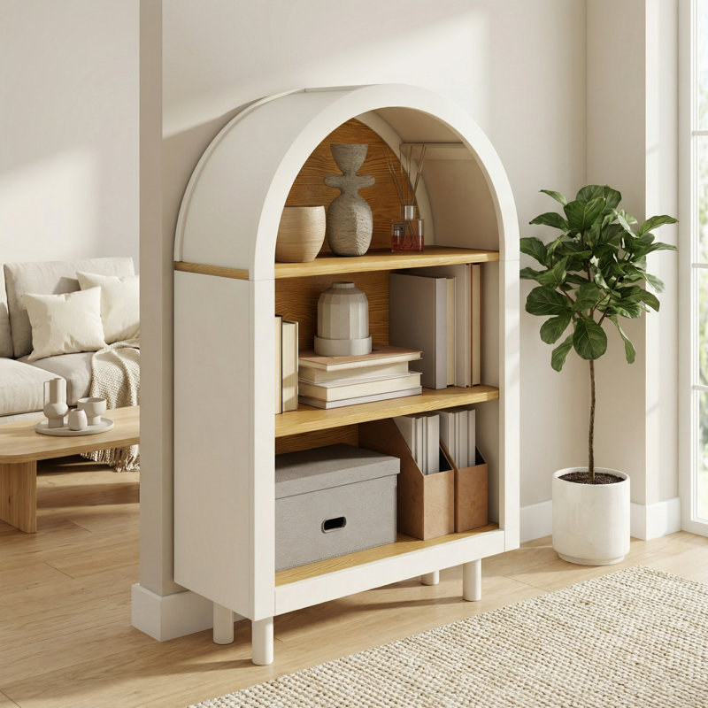 24" Arched Accent Cabinet, Narrow Entryway Cabinet With 3-Tier Open Shelves, Modern Console Cabinet In White & Woodgrain For Living Room, Bedroom