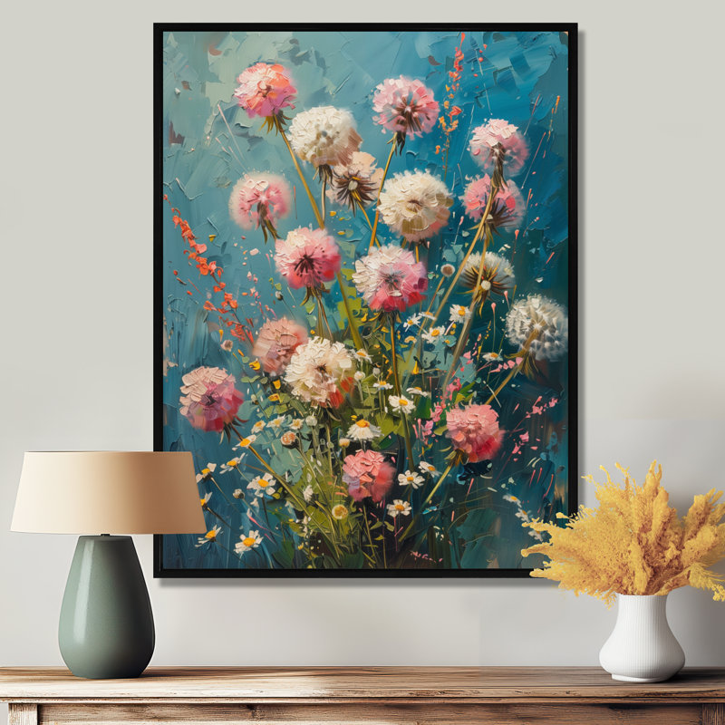 Été rose bleu pissenlit Dream I - Pissenlit, art mural, salon, Cadre flottant noir, H 32 po x l 16 po x P 1 po