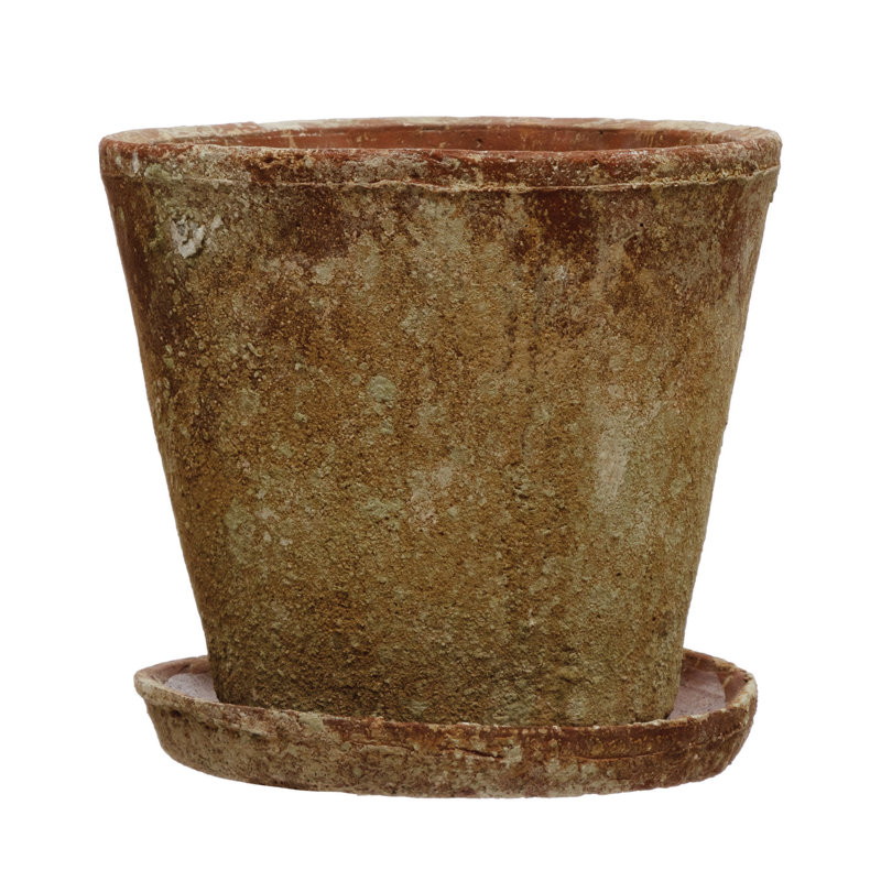 Hillengas Round Cement Planter with Saucer and Distressed Finish, 9.25" H x 9.63" W x 9.63" D