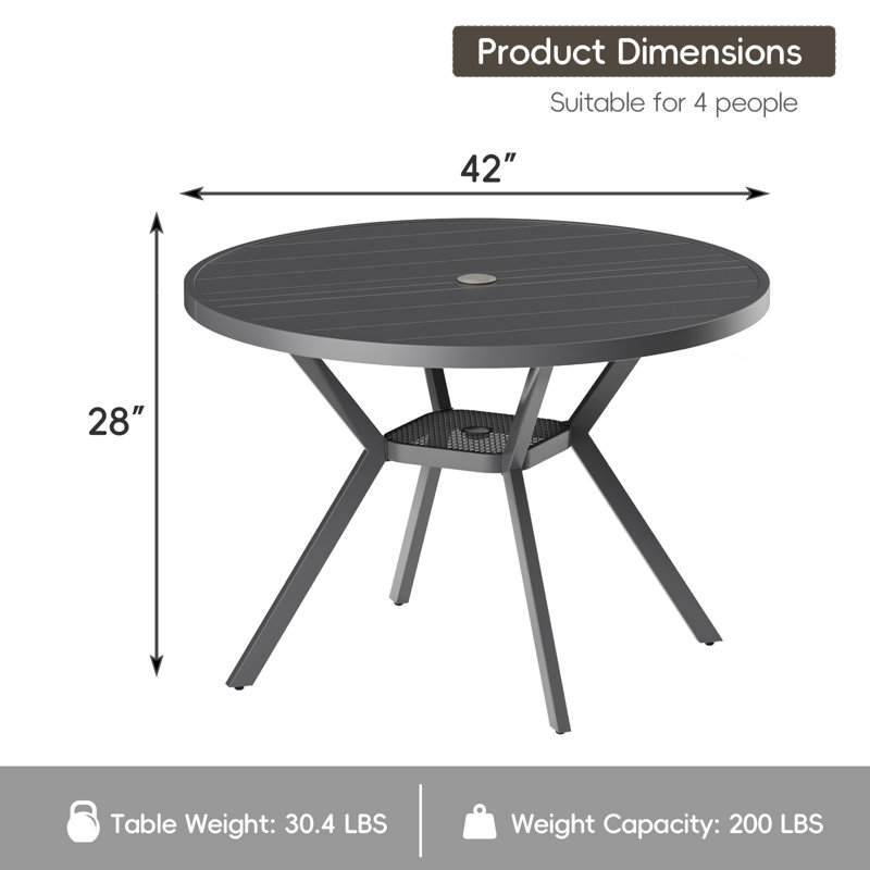 42" Round Outdoor Patio Dining Table, All-weather Metal Patio Table With Adjustable Umbrella Hole, Outdoor Furniture For Lawn, Garden, Backyard