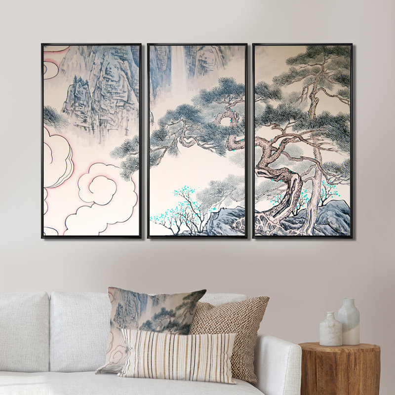 Arbre chinois chinois, art mural sur toile à motif floral, ensemble de 3, H 32 po x l 48 po
