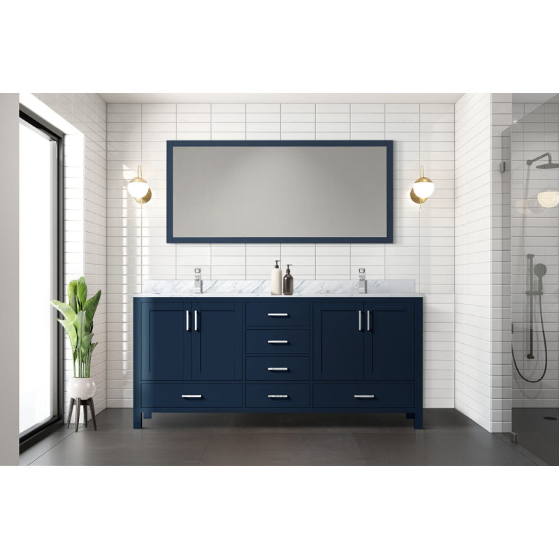 Jacques 72 in. W x 22 in. D Double Bath Vanity and Top, Navy Blue, White Carrara Marble