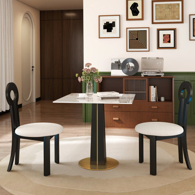 Table de négocier moderne carrée - plateau en pierre frittée blanche de 85 cm, pieds en bois noir avec base en métal doré