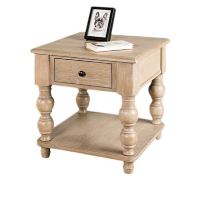 Table de bout carrée Cherie, 1 tiroir, tablette, blanc clair délavé, 24 po