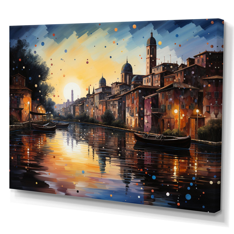 Yellow Canal Urban Reflections Pointillism II, reproduction d'art sur toile, H 24 po x l 32 po x P 1 po, Toile tendue