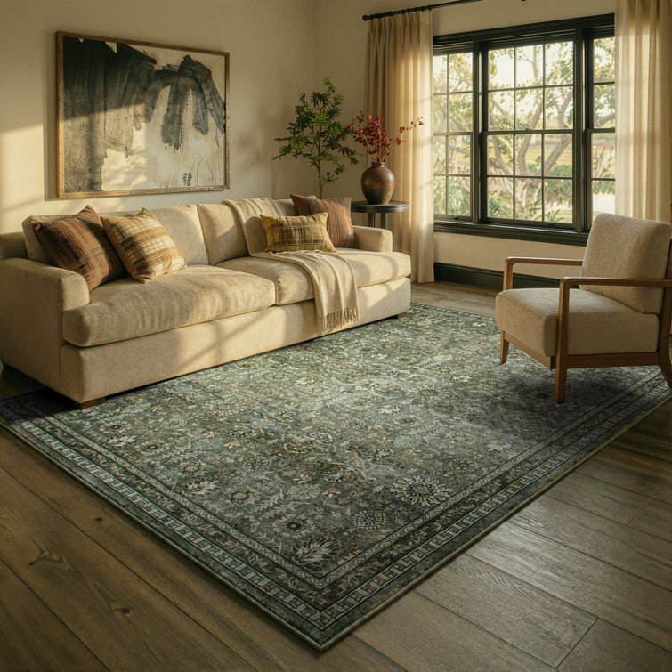 Watte Vintage Floral Border Washable Area Rug with Non-Slip Backing for Living Room & Bedroom