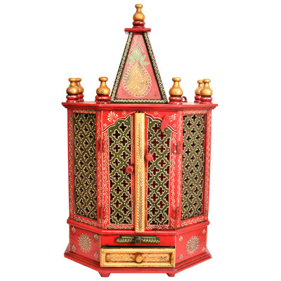 Large Hand-Painted Wooden Puja Mandir with Doors, Traditional Home Shrine