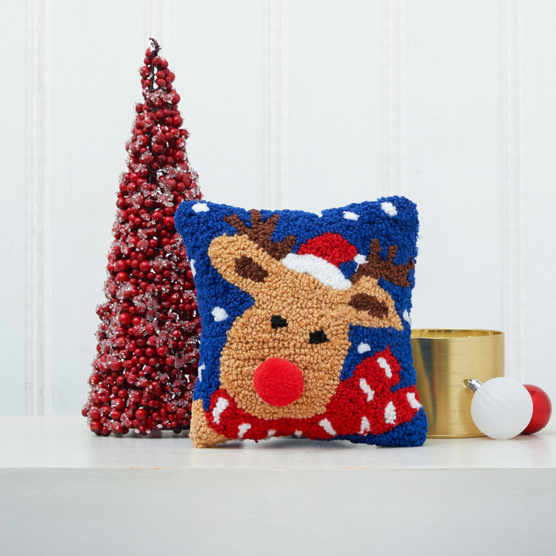 8" x 8" Christmas Reindeer Hooked Acrylic Throw Pillow